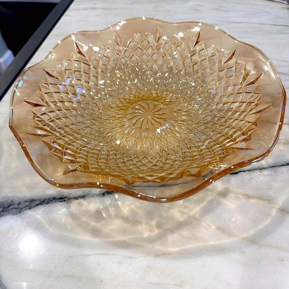 Carnival Marigold Glass bowl with Quilted Diamond Pattern and ruffled edge